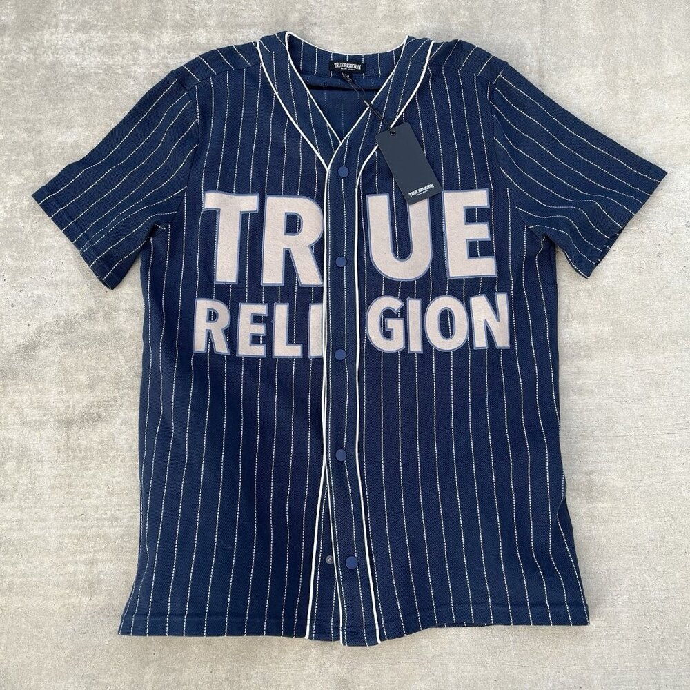 NEW True Religion Baseball Jersey Men's Navy Blue Short Sleeve $80 MSRP